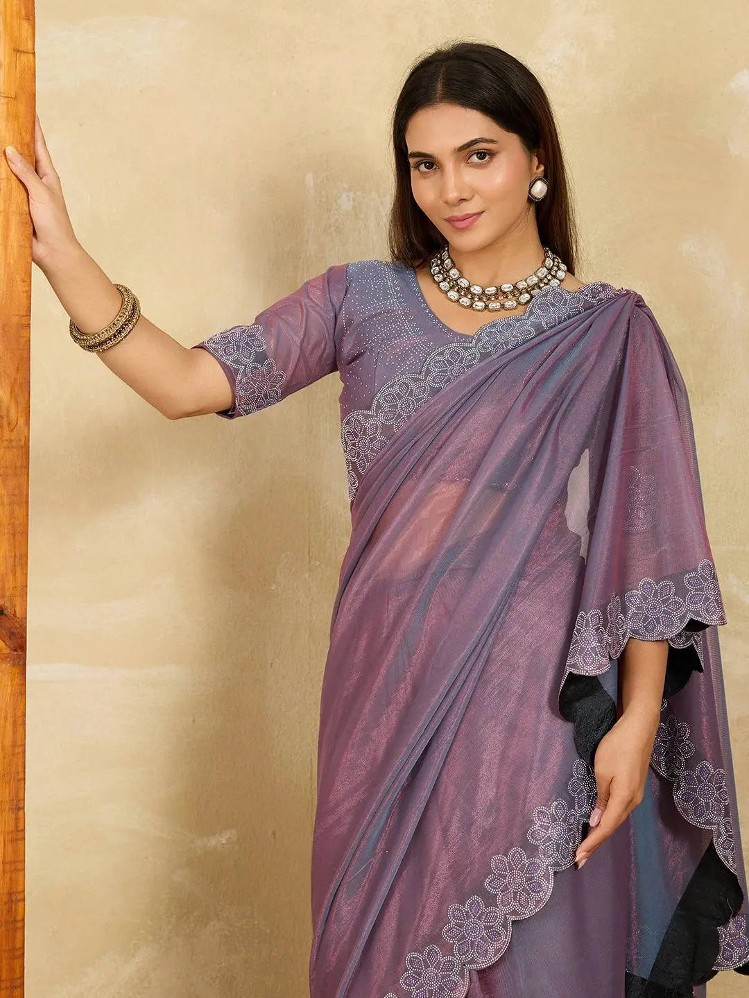 Lavender Fendy Soft Net Swarovski Work Saree - kalyanja